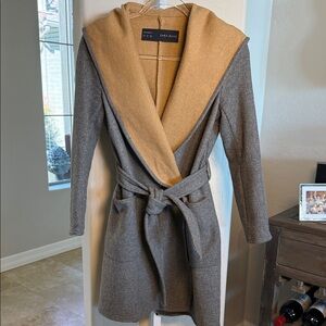 Zara Gray and Tan Wool Belted Coat with oversized Pockets